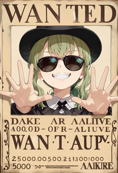 (almic,akakura,ogipote,dikko:0.7), (sincos:0.6),1girl,solo,((green hair)),medium hair,,(wavy hair,ponytail,up hair),wanted Poster,open hand ,open palm,grin,black glasses,sunglasses,black hat