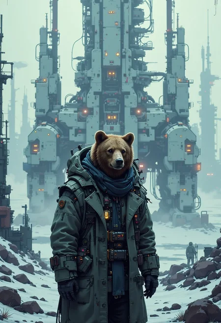A digital artwork in the style of cknc, A grizzly bear scientist that stands before Artemis Station, looking at the viewer, They wear a long, insulated trench coat made of reflective, metallic fabric that shimmers in the pale sunlight. The coat has a high collar, partially concealing their face, while their head is covered by a hood lined with futuristic gadgets—small sensors and antennas scanning the environment. Their eyes, visible beneath the hood, have a faint glow, suggesting cybernetic enhancements. Visualize Artemis Station as a towering, enigmatic structure rising from a cold, fog-laden world. The massive white spires stretch skyward, their dark metallic surfaces glistening with condensation from the mist. Each tower is adorned with intricate, glowing lines of orange and blue lights, hinting at the advanced technology within. The fog is thick at ground level, muffling sounds and creating an eerie, quiet atmosphere, while faint mechanical hums reverberate through the air. In the distance, other towering monoliths fade into the fog, creating a sense of endlessness. The lighting is soft and diffused, with occasional beams piercing through the fog from docking bays, casting long, dramatic shadows. The camera is set at ground level, looking up at the overwhelming scale of the station, emphasizing its imposing and mysterious nature.