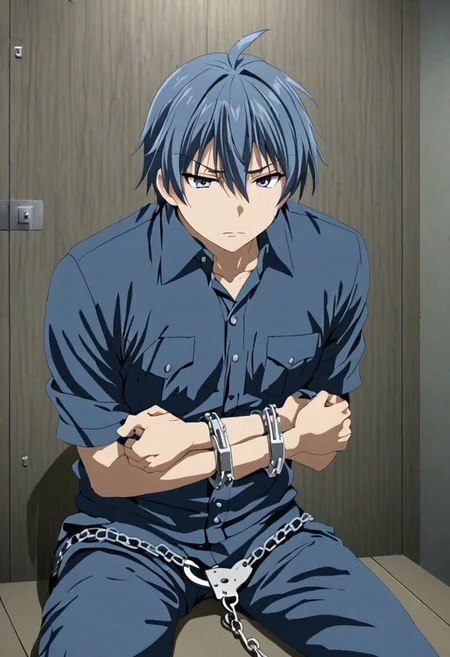 high resolution, solo, best quality, 1Boy, Tomoya Okazaki, Grey Blue Hair, arrested, restrained, struggling, handcuffs, interrogated, interrogation room, OverallDetail