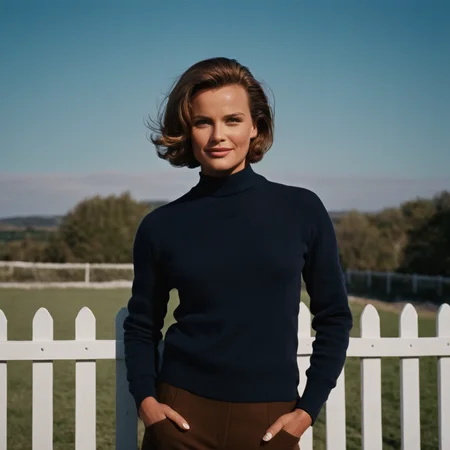 cinematic film still of  <lora:James Bond 007 style:0.9> detailed sharp image of
Pussy Galore Honor Blackman a woman standing next to a white fence,1girl,solo,smile,short hair,brown hair,long sleeves,closed eyes,upper body,outdoors,sky,teeth,day,medium hair,grin,sweater,blue sky,hands on hips,realistic , dramatic light, dramatic shadow light, contrast, cinematic color, cinematic look, filmic, realistic, realism, perfection, perfect, Kodak, Kodak film, movie still, spy film, action themed, espionage, James Bond style, James Bond film style, 007 style, 007 film style, shallow depth of field, vignette, highly detailed, high budget, bokeh, cinemascope, moody, epic, gorgeous, film grain, grainy