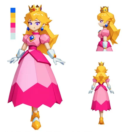 Peach64, 1girl, Long blonde hair with bangs and volume on the sides, Golden crown with red and blue jewels, Pink dress with a full skirt and a lighter-colored top, Short, puffed sleeves, Long, white gloves, Large blue earrings, Polygonal, low poly, lowres, 3D
Peach64 lying on her side on a lawn while eating a peach. lying in the shade of a tree
CharacterDesignIllustrious,, reference sheet, simple white background, (color guide:1.2), (multiple views), (full body), dynamic pose,,