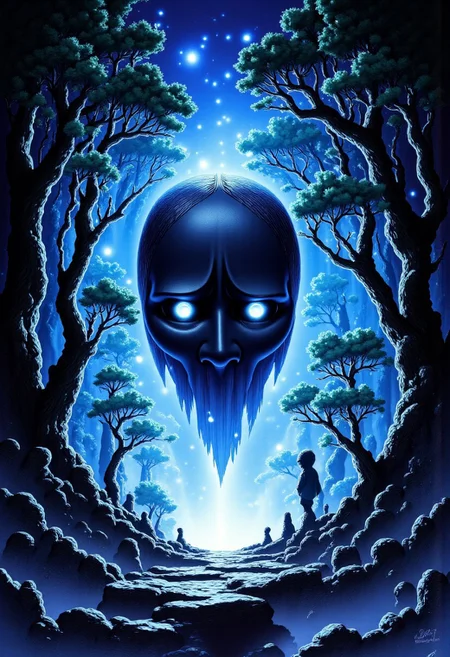 high definition digital animation depicting a cursed no-face mask gdorn radiating an eerie cyan and magenta aura displayed in a liminal bonsai garden, Studio Ghibli Dark Fairytale