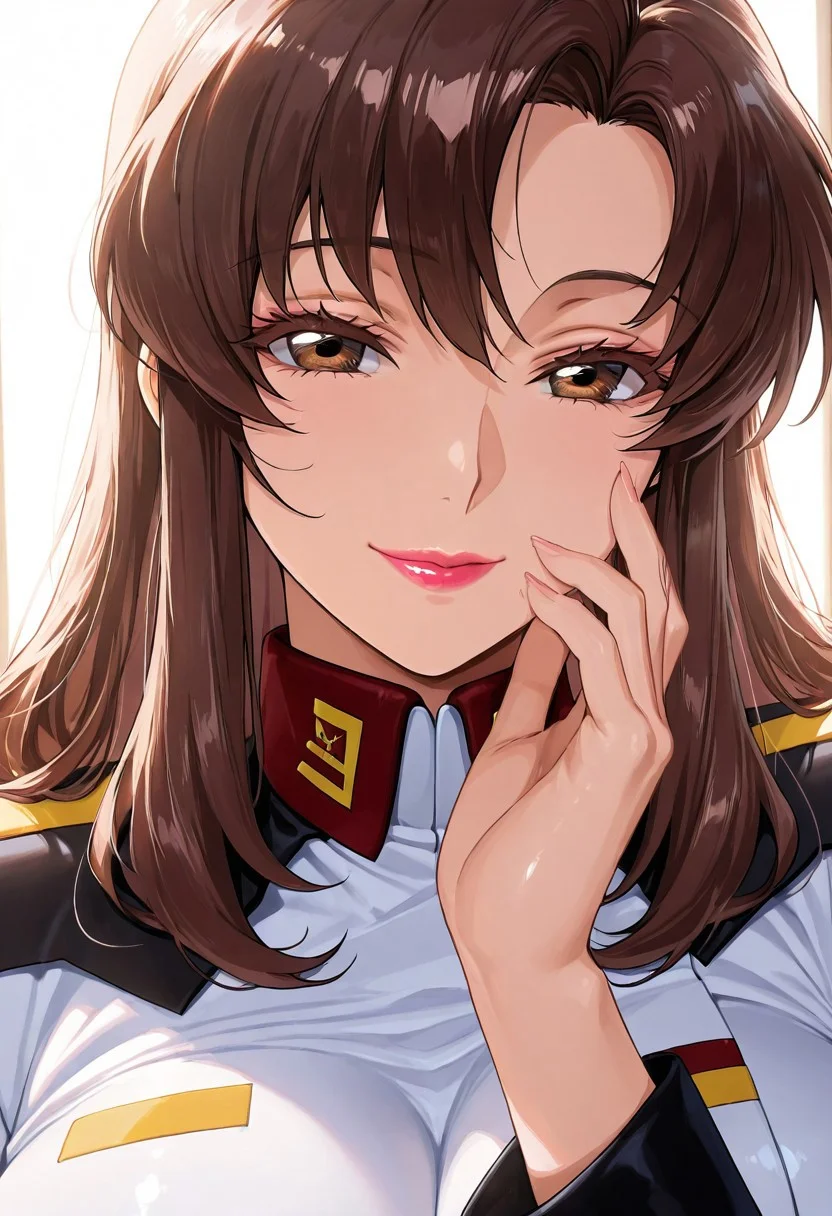 1girl, Murrue Ramius \(Gundam SEED\),, adult woman, masterpiece, military uniform, hand up, brown hair, long hair, luscious lips, lipstick, smile, large breasts, portrait, colored eyelashes, backlighting, brown eyes, goddess, glossy skin, ,hires,best quality, very aesthetic,absurdres,score_9, score_8_up, score_7_up, score_6_up, score_5_up, score_4_up, (hyper extreme detailed), (hyper quality), game CG, (colour:1.2),(from side:0.7)