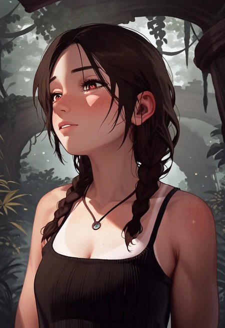 score_9, score_8_up, score_7_up, score_6_up, score_5_up, score_4_up, 1girl, blushing profusely red, 1girl,mysterious girl with freckles,an exotic Polinesian girl in off-shoulder shirt, Hairs in two braids, fading backlit background,pastel colors,surreal, detailed, bokeh, perfect balanced, deep fine borders,artistic photorealism, smooth, whole body view, jungle background, temple, sexy, tanlines