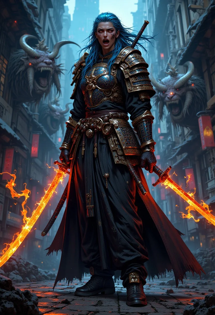 35 years, mature woman, strong body, scar face, Black skin, mouth opened screaming, intense eyes, blue long dread hair, samurai armor, with turkish long robe, Black kimono. dense dark fog around, demons hide in fog, she holds the katana with two hands in front of his body, the Blade are made of solar fire. the light flows of the katana and banish the demons hide in the shadows arround her. They desintegrate mixed with darkness, Far view, homare artstyle, Octane render. Medieval Gothic city street, long boots, heels