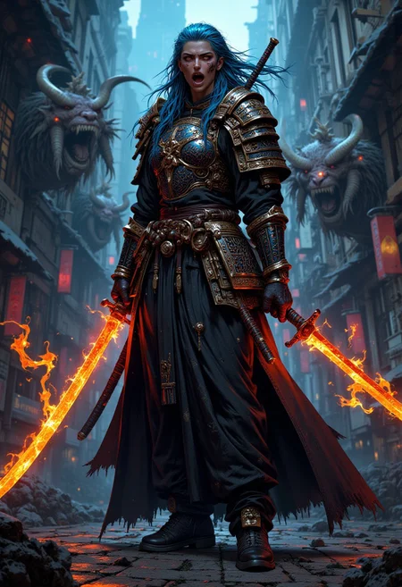 35 years, mature woman, strong body, scar face, Black skin, mouth opened screaming, intense eyes, blue long dread hair, samurai armor, with turkish long robe, Black kimono. dense dark fog around, demons hide in fog, she holds the katana with two hands in front of his body, the Blade are made of solar fire. the light flows of the katana and banish the demons hide in the shadows arround her. They desintegrate mixed with darkness, Far view, homare artstyle, Octane render. Medieval Gothic city street, long boots, heels