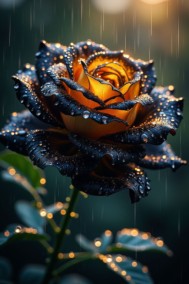 "A close-up of a beautiful black and gold rose with dew drops on its petals, glistening under the soft light of a rainy day. The petals are rich, velvety, and deep gold, with delicate rain droplets scattered across the surface, reflecting the light. The background is blurred, showing hints of green leaves and a soft mist, evoking a calm, serene atmosphere. The texture of the rose is enhanced by the wetness of the raindrops, giving the flower a fresh, vibrant look. The image conveys both elegance and tranquility, with a sense of natural beauty and renewal.",(masterpiece), best quality, expressive eyes, perfect face,(UHD:1.1),colors,(hyper detailed:1.1),intricately detailed,(fantastical:1),intricate detail,splash screen,(fantasy:1),(4k resolution:1),(masterpiece:1.1),complex background,(intricate detailed:1.1),bright colors,concept art,digital art,intricate,expert,insanely detailed