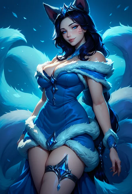 score_9, score_8_up, score_7_up, 1girl, ahrimidnght, animal ears, facial mark, fox tail, multiple tails, long hair, black hair, blue eyes, large breasts, choker, blue dress, fur trim, bare shoulders, cleavage, thigh strap, <lora:AhriAllInOne_pdxl_Incrs_v1:1>, seductive smile,