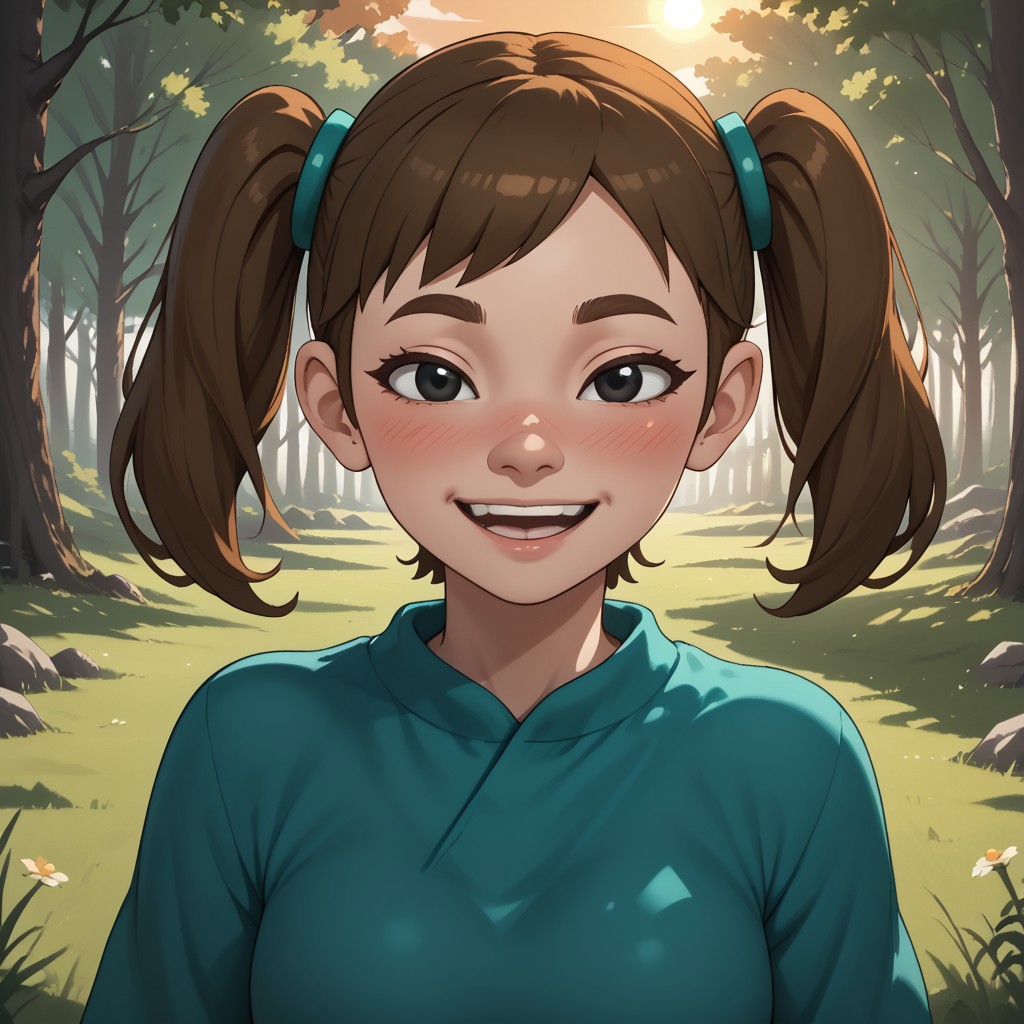 score_9, score_8, BREAK, solo, Mii, Wii, Black Eyes, Half circle eyebrows, big nose, half circle nose, blush, white skin, open mouth, green-ish brown hair, twintails, dark green clothing, 1girl, female mii, Wii Sports Resort, black pants, shoes, cute, medium breasts, Midori_(\Wii_Sports_Resort\), teeth, Nintendo Mii, modern_mii, classic_mii, sexy pose, self portrait, smile, outdoors, sunlight, shadows, evening lighting, natural lighting, forest, trees, grass, orange sky, sunset