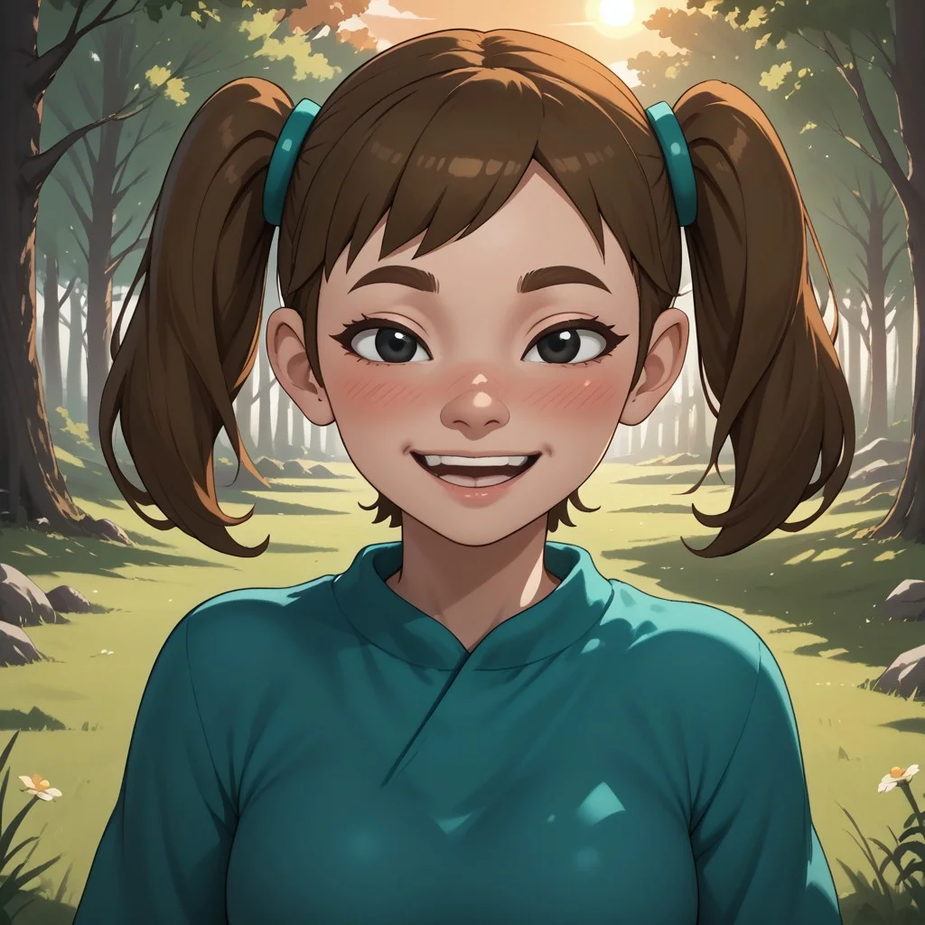 score_9, score_8, BREAK, solo, Mii, Wii, Black Eyes, Half circle eyebrows, big nose, half circle nose, blush, white skin, open mouth, green-ish brown hair, twintails, dark green clothing, 1girl, female mii, Wii Sports Resort, black pants, shoes, cute, medium breasts, Midori_(\Wii_Sports_Resort\), teeth, Nintendo Mii, modern_mii, classic_mii, sexy pose, self portrait, smile, outdoors, sunlight, shadows, evening lighting, natural lighting, forest, trees, grass, orange sky, sunset