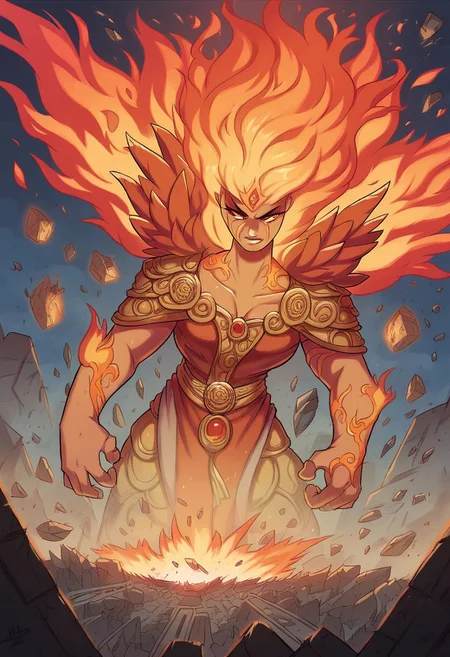 a phoenix of fire, eyes of fire, goddess of war and destruction, chaos, score_9, score_8_up, score_7_up