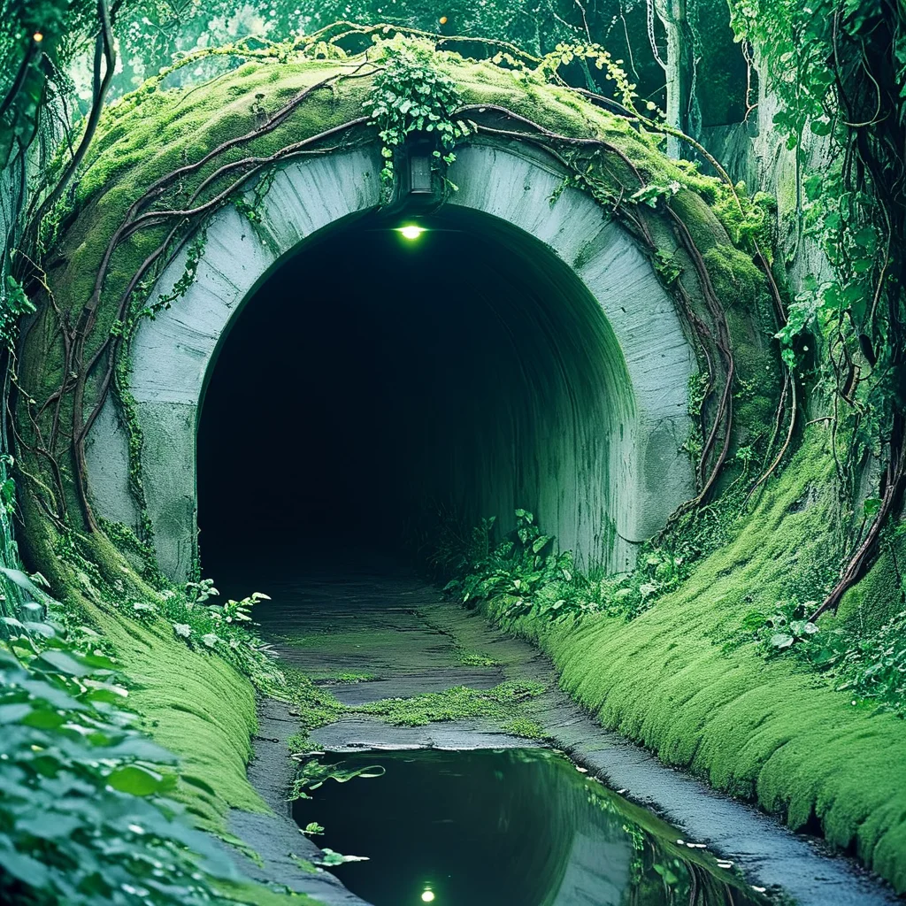 <lora:40sTechnicolorCyberpunkSDXL:1>  ArsMovieStill, movie still from a technicolor 1940s cyberpunk film, The image shows a tunnel with a path winding through it surrounded by lush green plants and illuminated by a few lights., no humans, scenery, water, nature, plant, tree, vines, reflection, moss, forest