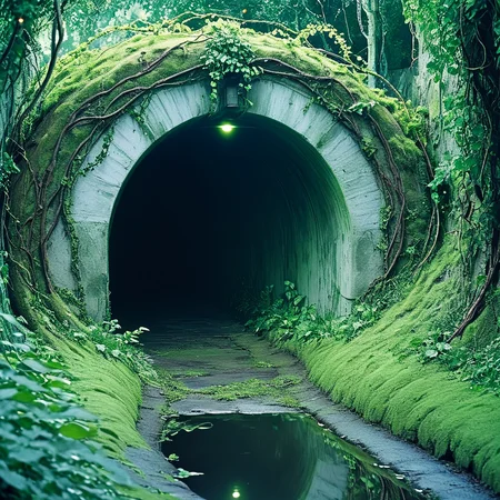 <lora:40sTechnicolorCyberpunkSDXL:1> ArsMovieStill, movie still from a technicolor 1940s cyberpunk film, The image shows a tunnel with a path winding through it surrounded by lush green plants and illuminated by a few lights., no humans, scenery, water, nature, plant, tree, vines, reflection, moss, forest