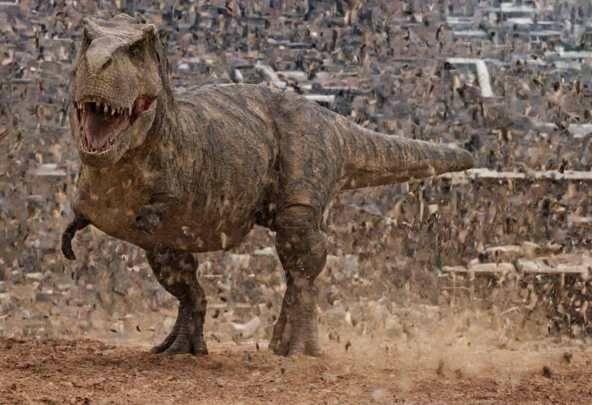 A photo of a (dinosaur, zzTrex, therapod), (red skin), fights against (tank, tgrtnk), (contrasting against the backdrop of a 3000 future city:1.2), with (Western-inspired clothing and accessories:1.2), (neo-classical architecture towering above them:1.1), (dust from the desert streets swirling:1.1), (ultra-high definition resolution:1.1), (captured using a Sony A7S III:1.1), 1/250s, f/5.6, ISO 500, (deep contrast of light and shadow:1.1), (edited in Capture One:1.1), professional grade.