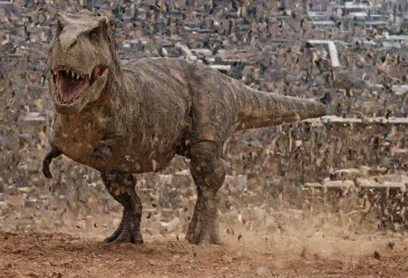 A photo of a (dinosaur, zzTrex, therapod), (red skin), fights against (tank, tgrtnk), (contrasting against the backdrop of a 3000 future city:1.2), with (Western-inspired clothing and accessories:1.2), (neo-classical architecture towering above them:1.1), (dust from the desert streets swirling:1.1), (ultra-high definition resolution:1.1), (captured using a Sony A7S III:1.1), 1/250s, f/5.6, ISO 500, (deep contrast of light and shadow:1.1), (edited in Capture One:1.1), professional grade.