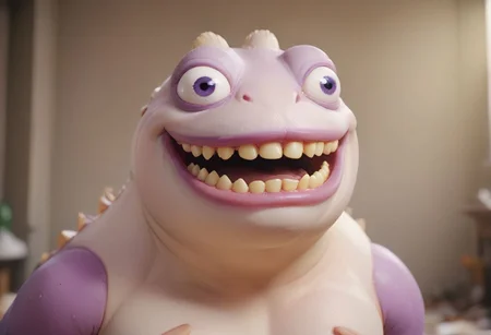 HD, Raytracing, cinematic, sense of scale, 1massive pepe_frog+chonkasaurus, albino, human teeth, skeletal, atmospheric, empty space, colours, blurry background, realistic, purple eyeballs, <lora:chonkasaurus-000003:1>