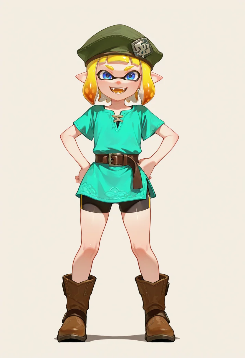 masterpiece, best quality,absurdres, ultra-detailed, high resolution,

inkling, 1boy, blue eyes, solo, male focus, pointy ears, tunic, blonde hair, belt, hat, bike shorts, smile, hand on hip, fangs, green headwear, full body, boots, open mouth, standing, looking at viewer