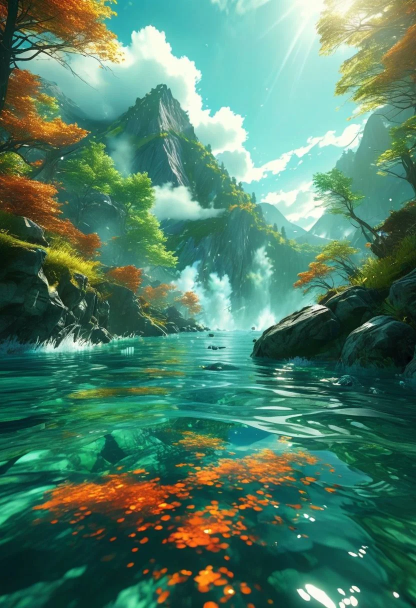 (ultra high res:1.4), (masterpiece), (beautiful lighting:1.4) , burning lush green forest, Mountains, Bright sunlight illuminates the crystal-clear water, (deep underwater), anime, half above water and half below water, (clear underwater), beautiful sky with clouds and smoke, embers landing on the water, fish, depth