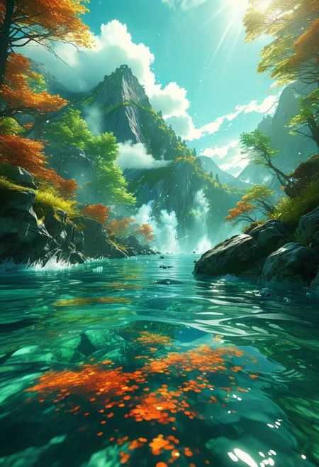 (ultra high res:1.4), (masterpiece), (beautiful lighting:1.4) , burning lush green forest, Mountains, Bright sunlight illuminates the crystal-clear water, (deep underwater), anime, half above water and half below water, (clear underwater), beautiful sky with clouds and smoke, embers landing on the water, fish, depth