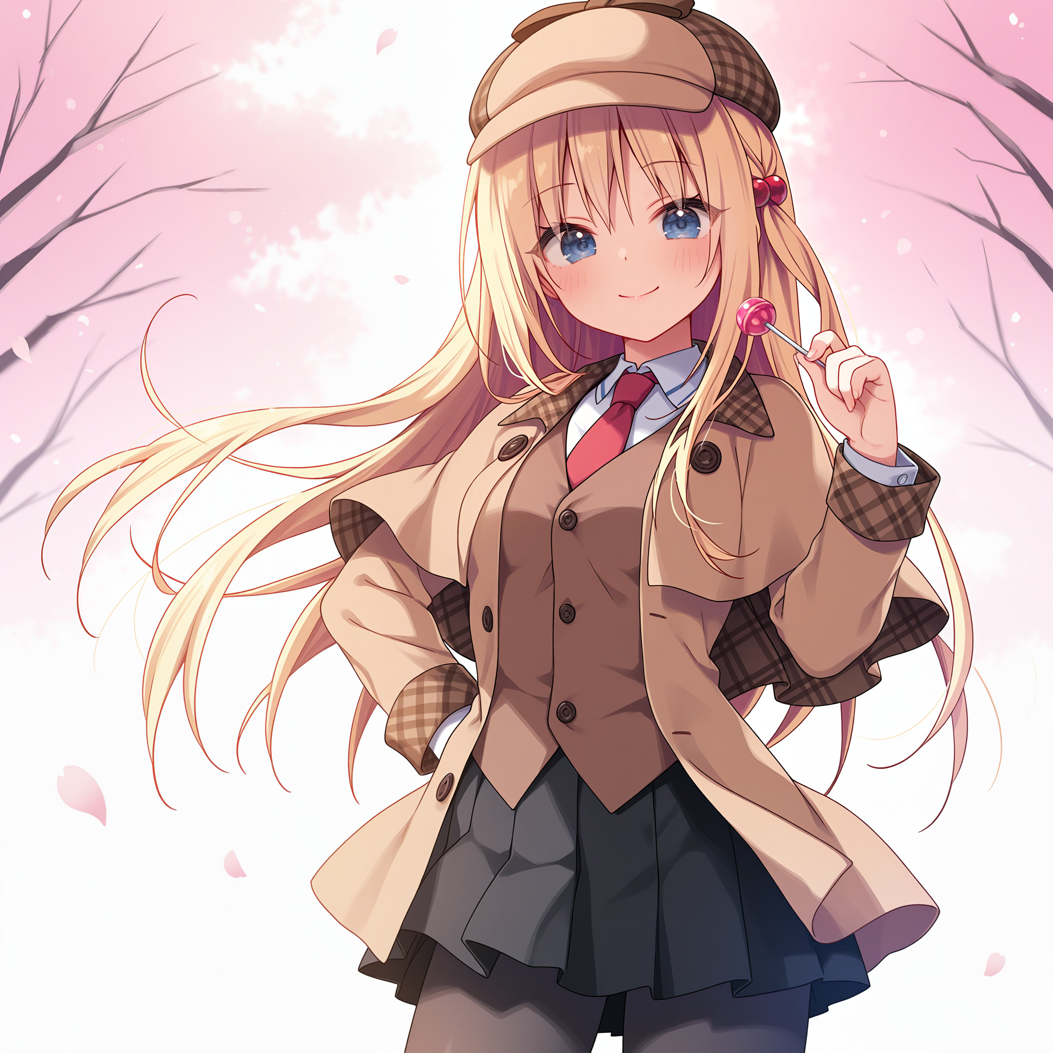 <lora:Konomi_art_n16c16_nai_loha:1.2>,Konomi art,
<lora:Shochou_2_nai-000047:0.8>,Shochou,hair ornament,blue eyes,blonde hair,blue ornament,
deerstalker,brown headwear,detective,black pantyhose,red necktie,black skirt,pleated skirt,white shirt,miniskirt,collared shirt,long sleeves,brown jacket,brown vest,open jacket,brown capelet,sleeve cuffs,buttons,
BREAK
1girl,solo,smile,simple background,cherry blossoms,falling petals,floating hair,wind,holding lollipop,looking at viewer,hand on own hip,