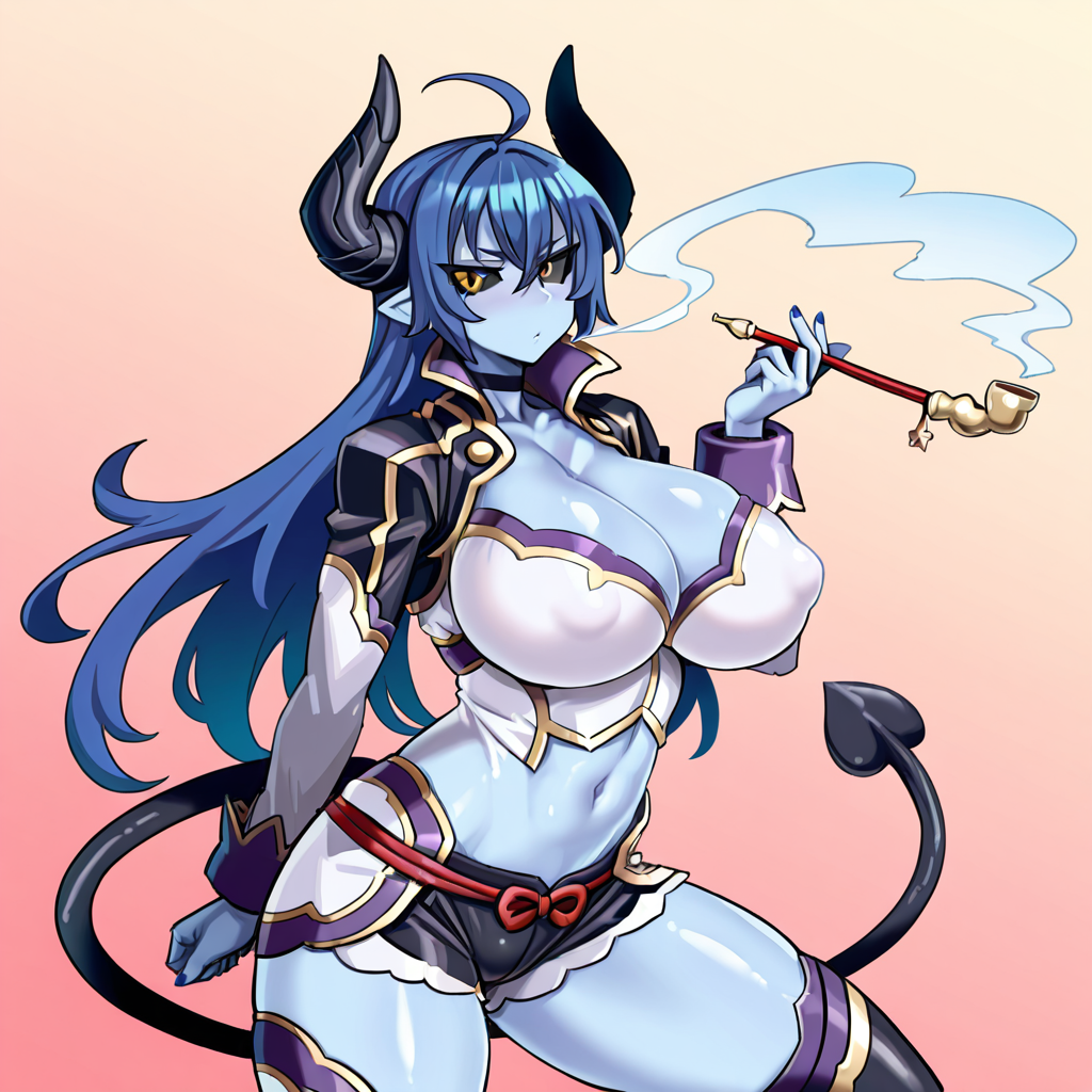masterpiece, best quality, amazing quality, absurdres, source anime BREAK <lora:Shinrabanshou_Asmodeus_IL:1>shinrabanshou_asmodeus, 1girl, solo, demon girl, demon horns, pointy ears, demon tail, black sclera, colored sclera, yellow eyes, blue skin, colored skin, blue hair, long hair, huge breasts, navel, cleavage, choker, midriff, covered nipples, thighhighs, boots, smoking pipe, kiseru