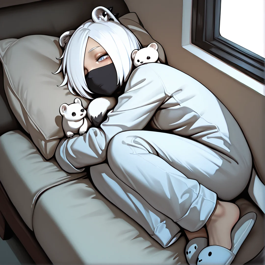1girl, solo, pillows, lots of pillows, reclining, pajamas, cute, fluffy, slippers, fetal position, sleepy, weasel, animal,
masterpiece, high quality, highly detailed, lazypos, realistic,
<lora:Arknights_Shirayuki_ILLUSTRIOUS:0.9> akshirayuki, weasel ears, white tail, blue eyes, white hair, hair over one eye, ear piercing, black mask,
<lora:ireading:0.7> ireading, <lora:MoriiMee_Gothic_Niji_Style_Illustrious_r1:1> artist:moriimee