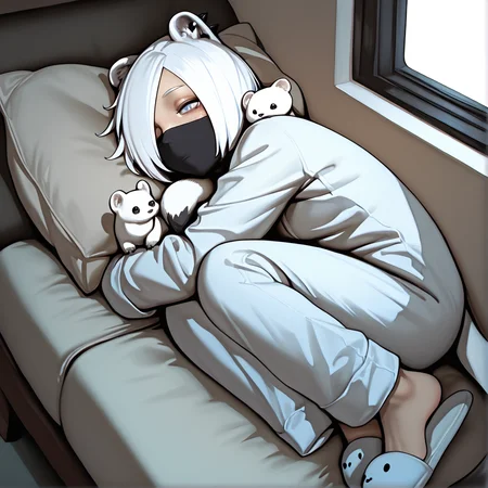 1girl, solo, pillows, lots of pillows, reclining, pajamas, cute, fluffy, slippers, fetal position, sleepy, weasel, animal,
masterpiece, high quality, highly detailed, lazypos, realistic, 
<lora:Arknights_Shirayuki_ILLUSTRIOUS:0.9> akshirayuki, weasel ears, white tail, blue eyes, white hair, hair over one eye, ear piercing, black mask, 
 <lora:ireading:0.7> ireading, <lora:MoriiMee_Gothic_Niji_Style_Illustrious_r1:1> artist:moriimee