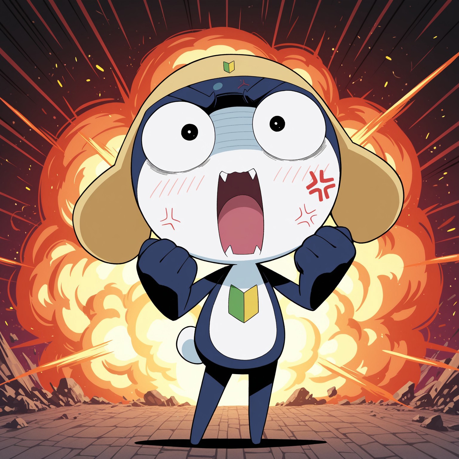 1boy, solo, 2d, Tamama, male, creature, frog, dark blue body, white countershade torso, two tone skin, ((tiny pupils, constricted pupils, anger vein)), yellow headwear, hat, blush lines, tadpole tail, black eyes

BREAK looking at viewer, facing viewer, fists, full body, standing, furious, creepy, explosion in the background, outside, open mouth, fangs, hands up, 

BREAK best quality, amazing quality, very aesthetic, absurdres, newest, masterpiece, high quality, highres