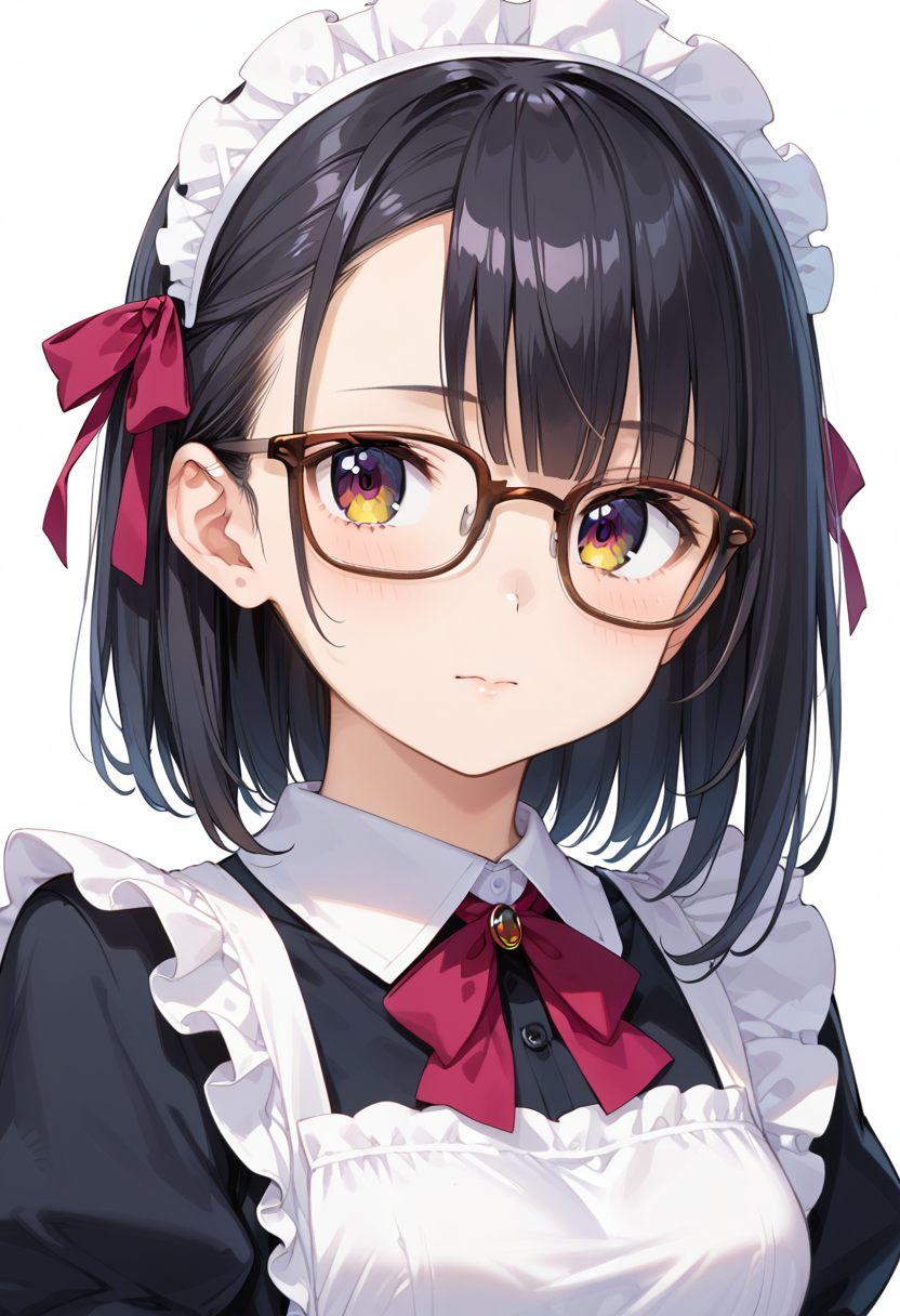 score_9, score_8_up, score_7_up, rating_safe, masterpiece, best quality, absurdres, unity 8k wallpaper, official art, official style, source_anime, uncensored, game cg, megami magazine,
1girl, solo, black hair, medium hair, upper body, covered eyes,maid, maid headdress, black dress, maid apron, face focus,
Wellington24S, glasses, white background, simple background, brown-framed eyewear
 <lora:glasses_Wellington24S_PONY_V1:1>