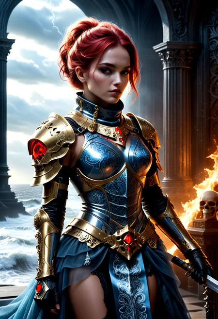 amazing quality, masterpiece, best quality, hyper detailed, ultra detailed, UHD, perfect anatomy, portrait, dof, hyper-realism, majestic, awesome, inspiring, dark medieval Science fiction Style - Capture the essence of nostalgia and futuristic fusion in this vibrant snapshot: A bold Cyborg knight detailed Iron armor, her metallic face, neck, and exposed skin areas adorned with weathered golden tones, a testament to time, battle and sunlight. With arms raised in greeting, she embodies a blend of retro charm and cybernetic allure.. cinematic composition, soft shadows, national geographic style, bw-grignani, emphasis lines, horizontal perfect bold lines, perfect align lines, Capture the enigma: a Knight resembling the Mountain from Game of Thrones sits regally on a lavish throne, her arms casually draped over its ornate arms. Adorned in a iron plaster skull Mask and a royal red high collar scarf, paired with fur and leather gloves, she exudes a captivating contrast. Her ensemble is completed with a translucent smoke blue luminous berserk sword in her Hand and a Large voluminous trailing black tulle train. Amidst the opulent surroundings of a kentaro miura inspired room in front of a huge stormy sea Blue happy geometrical Pop-Art painting, she embodies a fusion of mystery and elegance.. with endless lines guiding the eye, huge elegant sword.