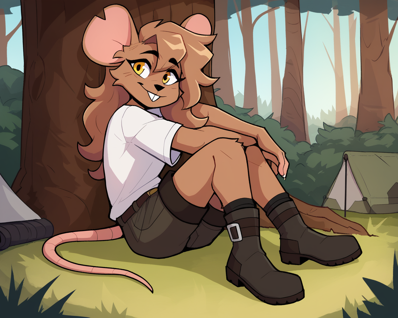 score_9_up, score_8_up, score_7_up, score_6_up, by remanedur, female, half-length portrait,  mouse, brown fur, brown hair,  yellow eyes, white t-shirt, boots, shorts, leaning, sitting, leaning against tree, outside, forest, tree, grass, camping, camp, happy, tent, smile, solo, head tilt, happy, smile, looking at viewer,  side view, forest, <lora:Leah_Pines(AIM)_XL_v1:0.15> <lora:PDXL_artist_tags_v2_big:0.5> <lora:The-Minuscule-Task_PDXL_v1.0:0.6>  <lora:Leah_Pines_v2_WirelessShiba:0.7>