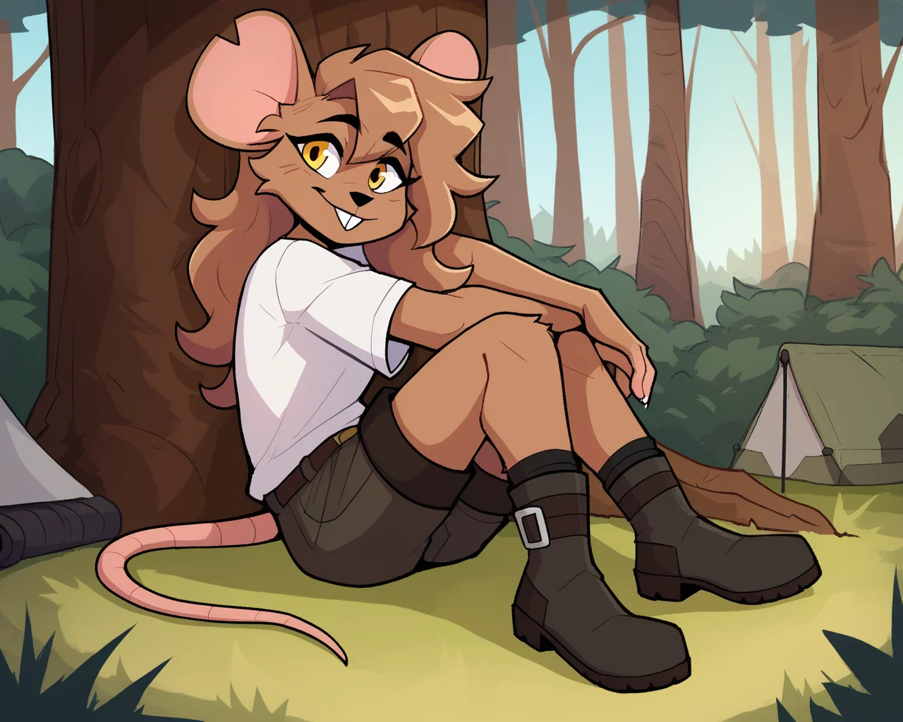 score_9_up, score_8_up, score_7_up, score_6_up, by remanedur, female, half-length portrait,  mouse, brown fur, brown hair,  yellow eyes, white t-shirt, boots, shorts, leaning, sitting, leaning against tree, outside, forest, tree, grass, camping, camp, happy, tent, smile, solo, head tilt, happy, smile, looking at viewer,  side view, forest, <lora:Leah_Pines(AIM)_XL_v1:0.15> <lora:PDXL_artist_tags_v2_big:0.5> <lora:The-Minuscule-Task_PDXL_v1.0:0.6>  <lora:Leah_Pines_v2_WirelessShiba:0.7>