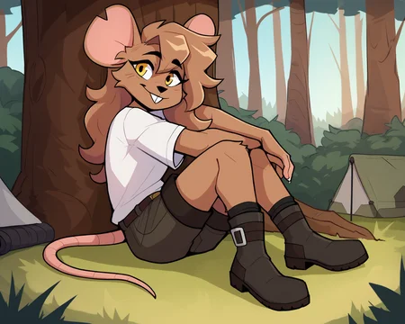 score_9_up, score_8_up, score_7_up, score_6_up, by remanedur, female, half-length portrait, mouse, brown fur, brown hair, yellow eyes, white t-shirt, boots, shorts, leaning, sitting, leaning against tree, outside, forest, tree, grass, camping, camp, happy, tent, smile, solo, head tilt, happy, smile, looking at viewer, side view, forest, <lora:Leah_Pines(AIM)_XL_v1:0.15> <lora:PDXL_artist_tags_v2_big:0.5> <lora:The-Minuscule-Task_PDXL_v1.0:0.6> <lora:Leah_Pines_v2_WirelessShiba:0.7>