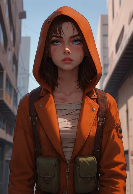 (score_9, score_8_up, score_7_up). (line work, excellent drawing, highest quality, extremely detailed:1.2). solo, 1girl, blue eyes, slut face, post apocalyptic clothing, backpack, pale skin, soft skin, survivor, athletic, thin, confident posture, injured, sickly, bandaged, serious, wearing a hooded jacket, hood up, g0thicPXL, romantic, source_cartoon, city background, depth of field, medium distance, cowboy_shot, semirealistic, 3/4 view, dynamic angle