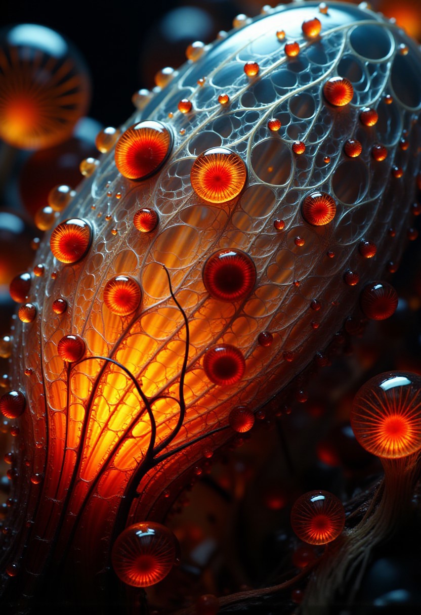 Burned colors glowing with orange heat.  Bands of white light dash across the canvas. High saturation and contrast. sharp lines come into focus. Droplets of rain accumulate on leaves. Leaves appear as shattered glass. Electric snails crawl on the surface of a mysterious plant. The plant is made of glass. A mysterious ecosystem made of crystalline glass.