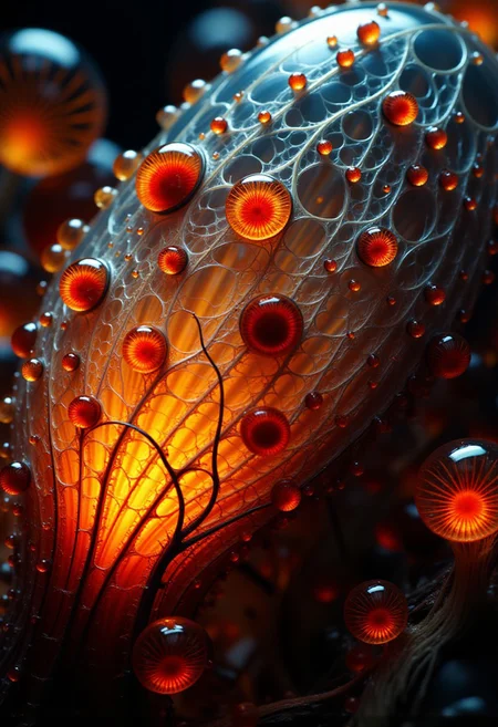Burned colors glowing with orange heat. Bands of white light dash across the canvas. High saturation and contrast. sharp lines come into focus. Droplets of rain accumulate on leaves. Leaves appear as shattered glass. Electric snails crawl on the surface of a mysterious plant. The plant is made of glass. A mysterious ecosystem made of crystalline glass.