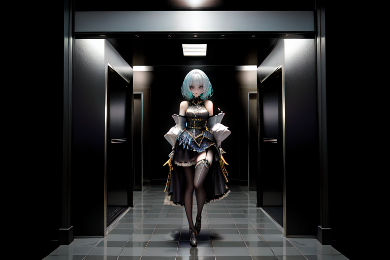 highly insanely detailed, masterpiece, top quality, best quality, highres, 4k, 8k, RAW photo, (very aesthetic, beautiful and aesthetic),  
(rsef style,fevercell style),human_machine_hybrid,energy_auras, 
<lora:rsef-000225:1>, 
(1girl:1.3), 
1other, 
, 
, 
short hair with long locks, 
, 
elevator_interior,elevator_cabin,elevator_scene,elevator,Inside elevator,matte black background, 
,âââ