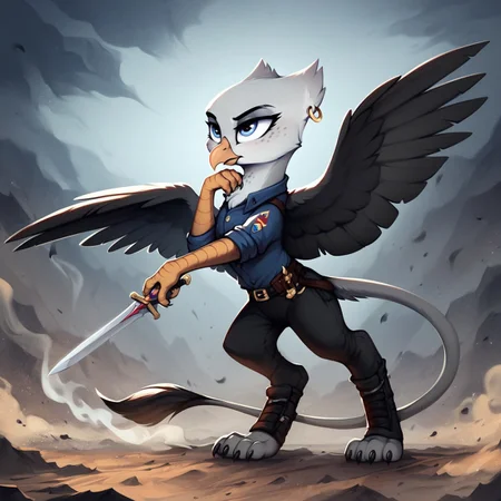masterpiece, score_9_up, score_8_up, score_7_up, score_6_up, (best quality:1.1), ultra-detailed, high resolution, solo, Blackrock, griffon, mlp style, avian, feral, female, long eyelashes, eyebrows, beautiful detailed light blue eyes, beak, gray-white feathers, gray freckles, feathery ears, tail, wings, earring, black robber's clothes, full body, standing, aggressive, fighting pose, battle, sword in beak, claws ready to strike, sharp focus, dynamic lighting, stormy sky in the background, dark mountains, battlefield, smoke
