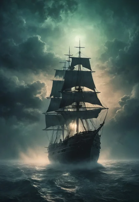 highly detailed and hyper realistic photo, by Alena Aenami , by Archibald Thorburn , by Daniele Afferni , Ghostly ship sailing through auroras, in the style of  monochromatic silhouette reflection,  limited dark palette, unusual dark colors, faded colors, atmospheric haze, highly dramatic cinematic lighting, motion blur, film grain,  professional, excellent composition, finest details, maximized details, ultimate detail level, masterpiece, best quality