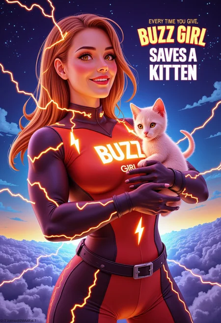 A fiercely electric heroine, her every detail crackles with power and purpose: a woman with glowing, lightning-charged eyes and hair. She has stylized lightning bolt symbols on her outfit. The prominent text above her reads "Every time you give, BUZZ GIRL saves a kitten," hinting at her altruistic mission. She tenderly cradles a sweet, fluffy kitten in her arms. This vibrant and captivating image, a digital painting, radiates warmth and compassion, drawing viewers into a world where bravery and kindness reign supreme.