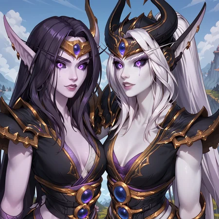 safe_pos, Warcraft style, masterpiece, score_9, score_8_up, score_7_up, score_6_up, score_5_up, score_4_up, 2girls, glowing eyes,
((Xalatath, Xalatath, purple skin, black sclera, purple eyes, ringed eyes, purple hair))
and
((Syndranormal, white skin, white hair, long hair, normal hair, syndra forehead protector, normal breasts, purple eyes))