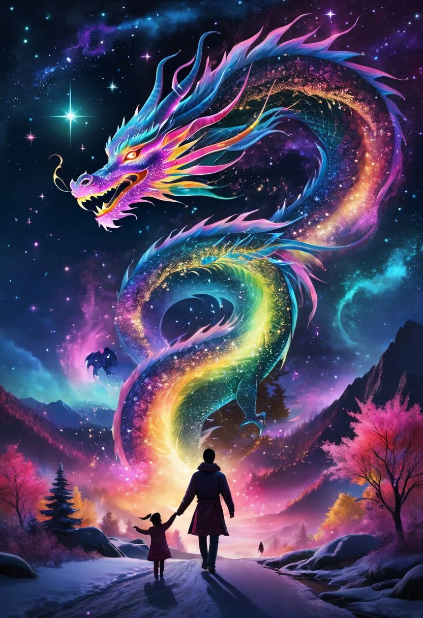 Fabulous world, colorful trees, glitter, night, stars, northern lights, flying asian dragon, sweet, loving, people walking around, celebrating