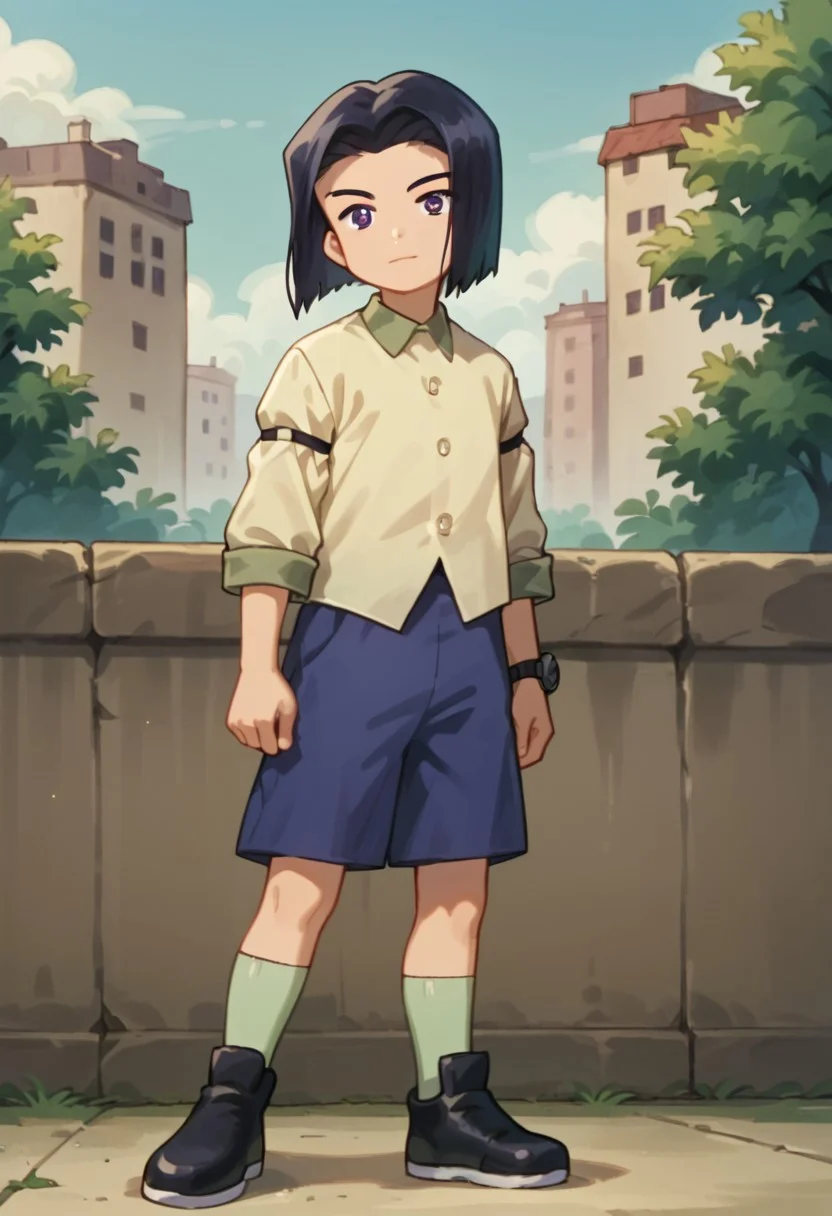 score_9, score_8_up, score_7_up, score_6_up, highly detailed,Good Colors, Good Shading, Good Eyes, Contrast Shading, alone, Kouji, 1boy, male_focus, black long hair, purple eyes, beige shirt, blue shorts, light green socks, black shoes, watch