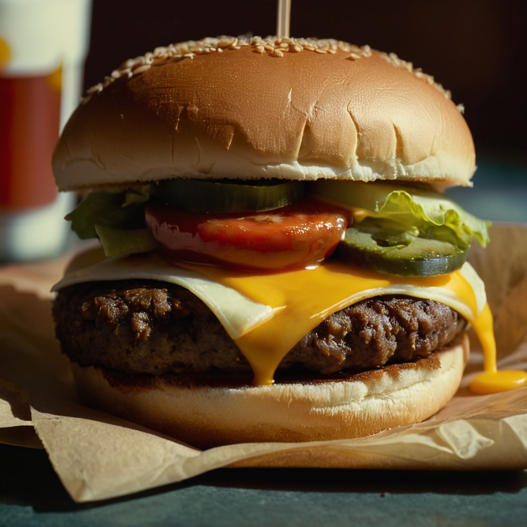 cinematic film still of  <lora:Pulp Fiction style:1>
from above,a hamburger with cheese and ketchup on a bun looking good,closeup,food,blurry,no humans,blurry background,close-up,realistic,bread,food focus,cheese,still life , 1990's, 90's, film, cinematic, crime and violence, classic, graphic violence, Kodak film, motion picture image,Pulp Fiction style, Pulp Fiction Film style, shallow depth of field, vignette, highly detailed, high budget, bokeh, cinemascope, moody, epic, gorgeous, film grain, grainy