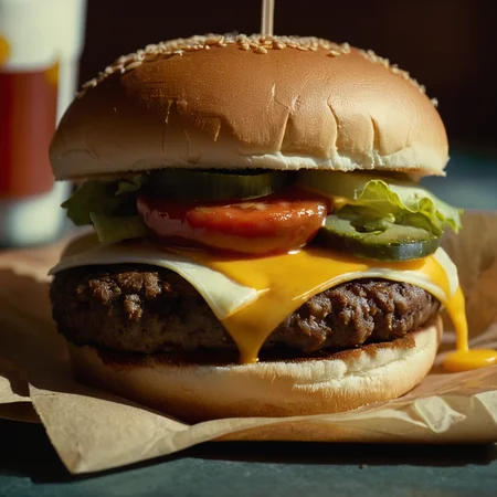 cinematic film still of  <lora:Pulp Fiction style:1>
from above,a hamburger with cheese and ketchup on a bun looking good,closeup,food,blurry,no humans,blurry background,close-up,realistic,bread,food focus,cheese,still life , 1990's, 90's, film, cinematic, crime and violence, classic, graphic violence, Kodak film, motion picture image,Pulp Fiction style, Pulp Fiction Film style, shallow depth of field, vignette, highly detailed, high budget, bokeh, cinemascope, moody, epic, gorgeous, film grain, grainy