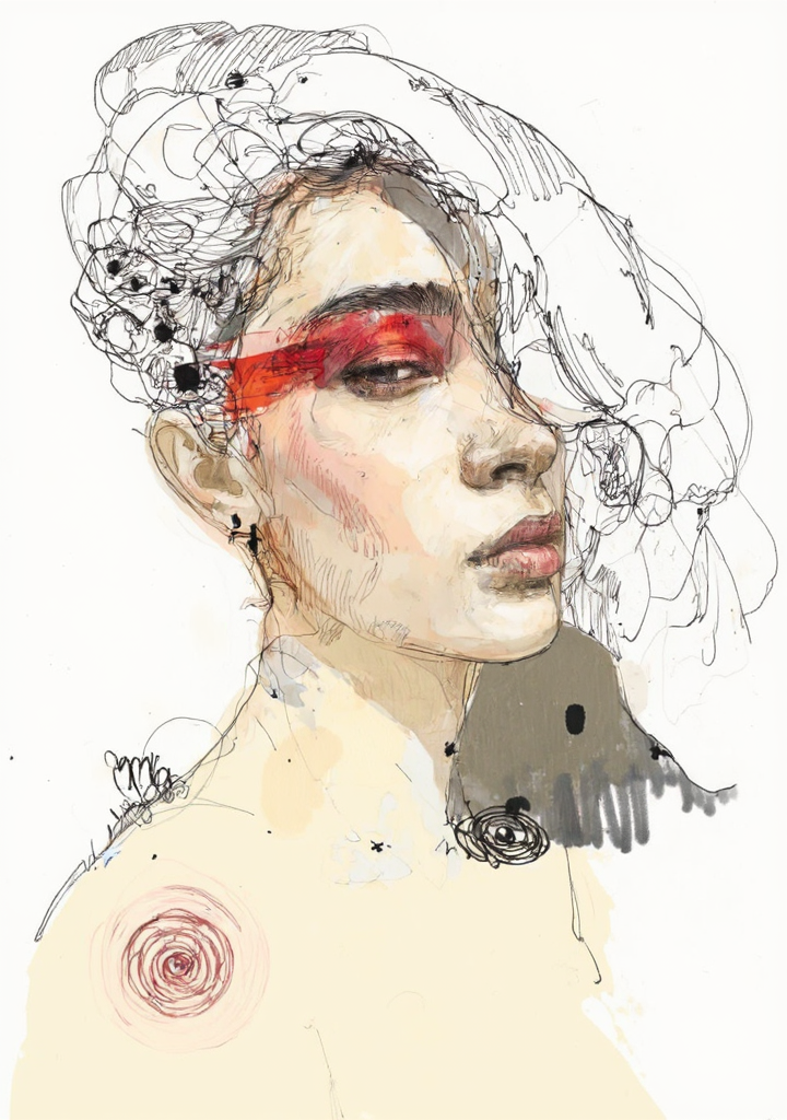 By Raphael Vicenzi. This image is a digital drawing in a semi-realistic, illustrative style. It features a close-up portrait of a person with a striking, expressive face. The individual has a light complexion with subtle shading that gives depth to the features. Their hair is voluminous and white, cascading down over their shoulder and partially covering their face, adding a dynamic and flowing texture. The person's eyes are closed, and their expression is contemplative and serene.
The most notable feature is the bold, red makeup on the person's face, covering their eyelids and extending down to their cheeks, creating a dramatic contrast against their pale skin. This makeup adds a striking, almost tribal or artistic flair to the portrait. 
On the person's shoulder is a small, intricate tattoo of a spiral design, adding a subtle element of personal expression. The background is plain white, which keeps the focus entirely on the subject. The lines are clean and precise, with a minimalistic approach to shading and color, enhancing the artistic and modern feel of the drawing. The overall composition is balanced and elegant, capturing a sense of mystery and introspection. <lora:Raphael_Vicenzi:0.9> <lora:Sketch:1.0>