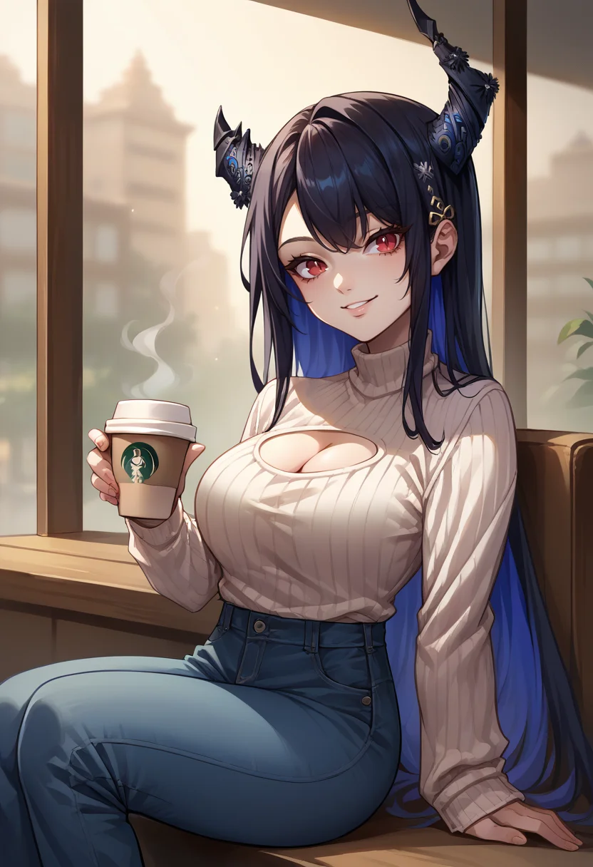 score_9, score_8_up, score_7_up, source_anime, 1girl, solo, NerissaRavencroft, colored inner hair, black hair, blue hair, red eyes, slit pupils, uneven horns, long hair, sweater,cleavage cutout, sitting, coffee shop, jeans, smile, <lora:ChamNerissaRavencroftPonyXLCame-000008:1>
