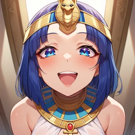 score_9, score_8, score_7, source_anime, egyptian clothes, POV, looking at viewer, blush, smile, open mouth, upper teeth only