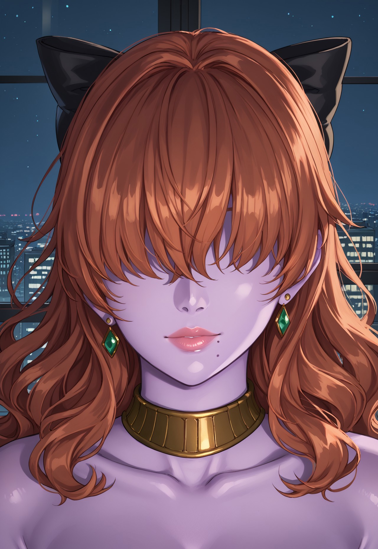 1girl, solo, solo focus, highres, absurdres, CL_TemptElite, hair over eyes, orange hair, lipstick, shiny lips, wavy hair, mole under mouth, hair bow, black bow, long ponytail, colored skin, purple skin, short hair, pink lips, earrings, wavy hair, covered eyes, 

collarbone, gold collar, close-up, face focus,

looking at viewer, head tilt, closed mouth,

indoor, cityscape, neon lights, window, dark, night, night sky, light particles, backlighting, shade,