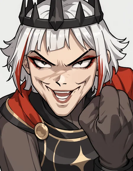 score_9, score_8_up, score_7_up, score_6_up BREAK, Hand up, LOOKING AT VIEWER, CLENCHED HAND, PORTRAIT, smile, open mouth, 1girl, solo, short hair, white hair,multicolored hair, makeup, scar, crown, armor, cape, gloves, bodysuit, ulf-dh <lora:add-detail-xl:0.3> <lora:Ulfger_PDXL:0.6> <lora:Concept_Meme_Joey_Wheelers_Creepy_Chin_A:0.7>